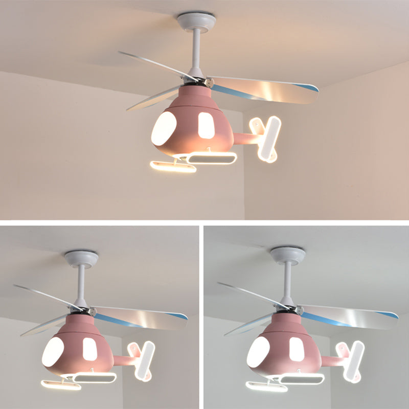 Metal Airplane Shaped Pendant Fan Lamp Cartoon LED Semi Flush Light for Kids Room