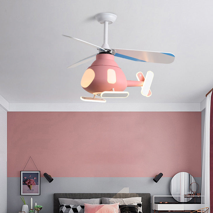 Metal Airplane Shaped Pendant Fan Lamp Cartoon LED Semi Flush Light for Kids Room