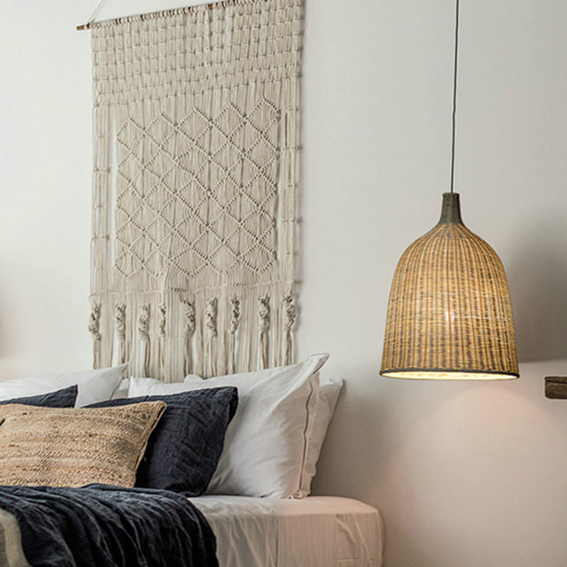 Chinese Bell Pendant Lighting Fixtures Rattan Hanging Light with Hanging Cord for Restaurant