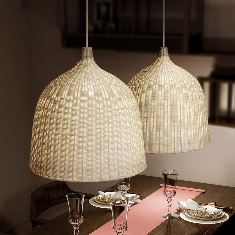 Chinese Bell Pendant Lighting Fixtures Rattan Hanging Light with Hanging Cord for Restaurant
