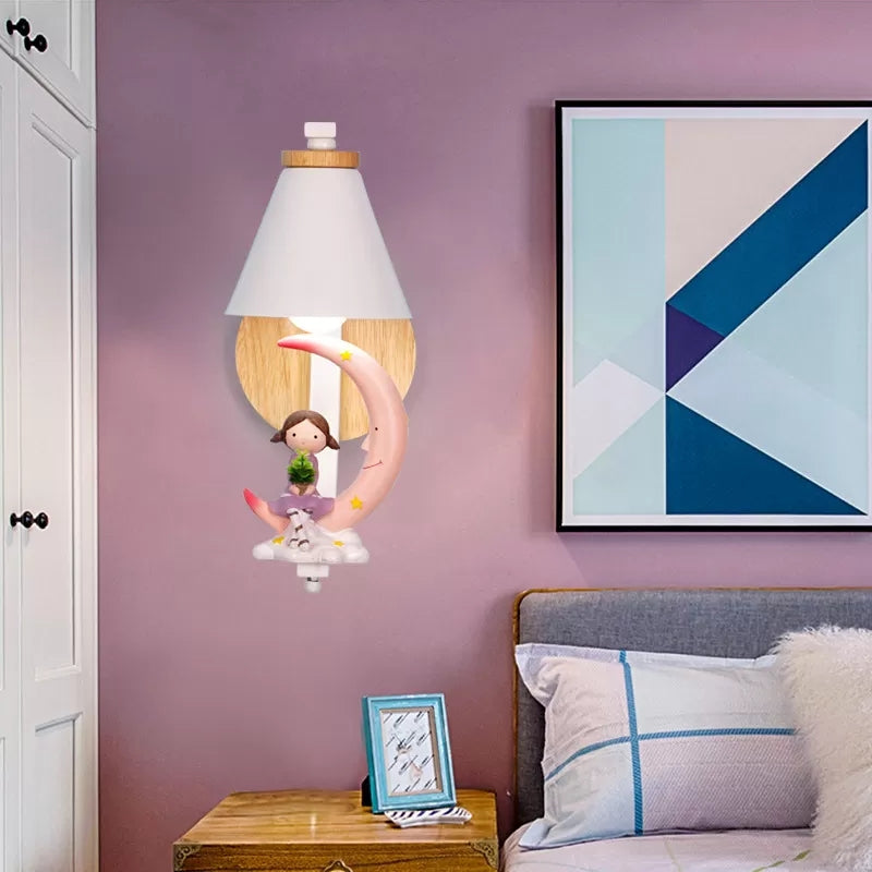 Funnel Shade Wall Light con Little Kid Deco 1 Testa adorabile Sconce da parete in metallo per camera da letto per bambini