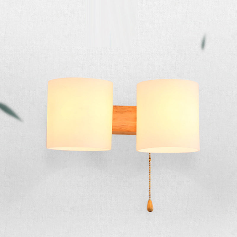 Lámpara de pared de madera de madera de pared cilíndrica moderna de pared con sombra de vidrio blanco