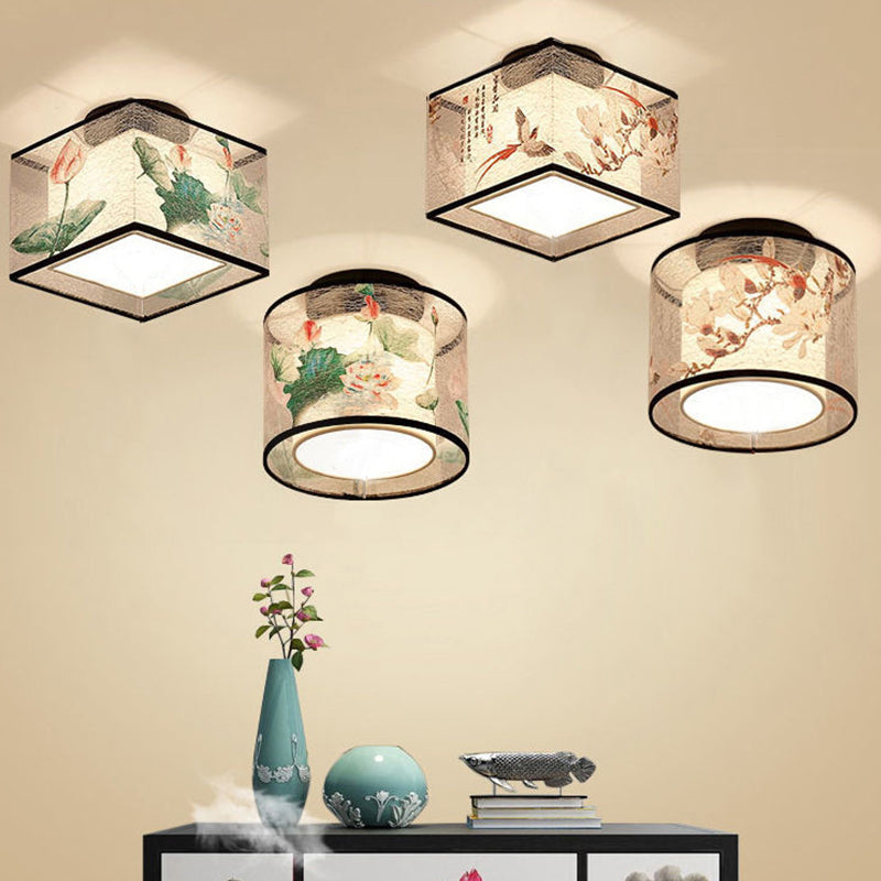 Beige Light Fixtures Asia Style Fabric Flush Light for Living Room Dining Room