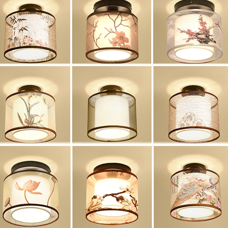 Beige Light Fixtures Asia Style Fabric Flush Light for Living Room Dining Room