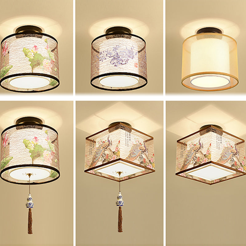 Beige Light Fixtures Asia Style Fabric Flush Light for Living Room Dining Room