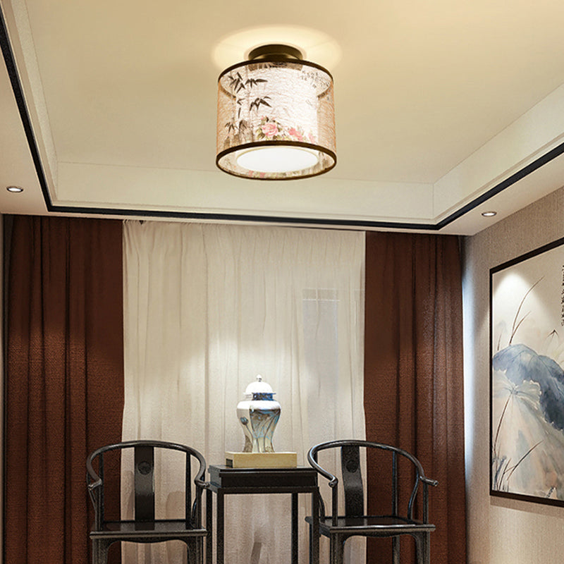 Beige Light Fixtures Asia Style Fabric Flush Light for Living Room Dining Room