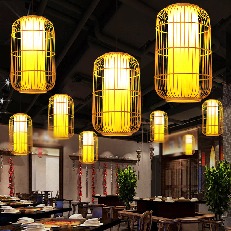 Chinese Elongated Pendant Lighting Fixtures Rattan Hanging Light with Hanging Cord for Restaurant
