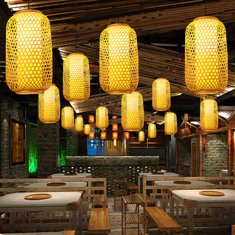 Chinese Elongated Pendant Lighting Fixtures Rattan Hanging Light with Hanging Cord for Restaurant