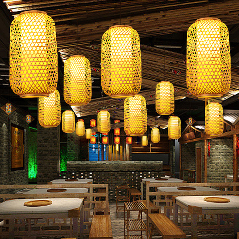 Chinese Elongated Pendant Lighting Fixtures Rattan Hanging Light with Hanging Cord for Restaurant