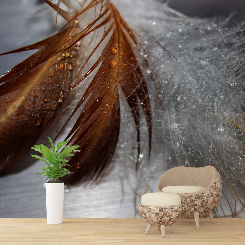 Bird Feather Mural for Sitting Room Wall Art in Light Color, Stain Resistant