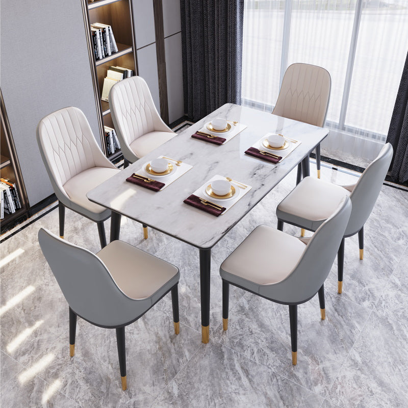Modern White Slate Rectangular Dining Table Set with Four-leg Rubber Wood Base