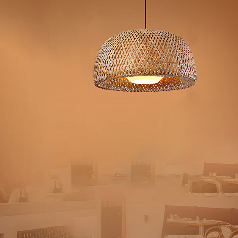 Asian Creative Bowl Pendant Light Wrought Iron Hanging Lamp with Bamboo Weaving Shade