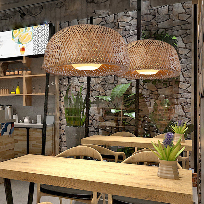 Asian Creative Bowl Pendant Light Wrought Iron Hanging Lamp with Bamboo Weaving Shade