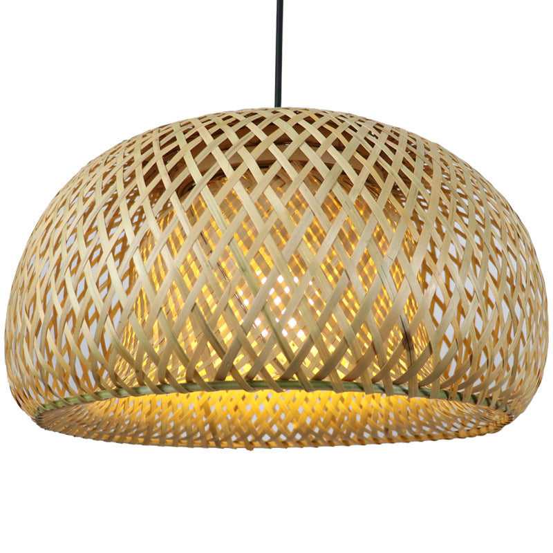 Asian Creative Bowl Pendant Light Wrought Iron Hanging Lamp with Bamboo Weaving Shade