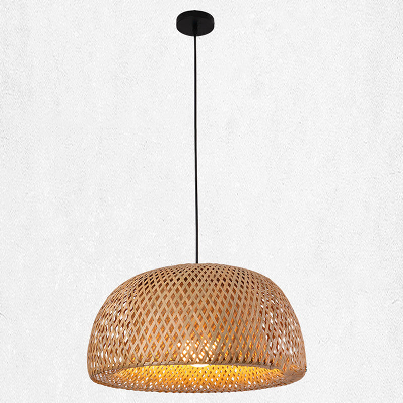 Asian Creative Bowl Pendant Light Wrought Iron Hanging Lamp with Bamboo Weaving Shade
