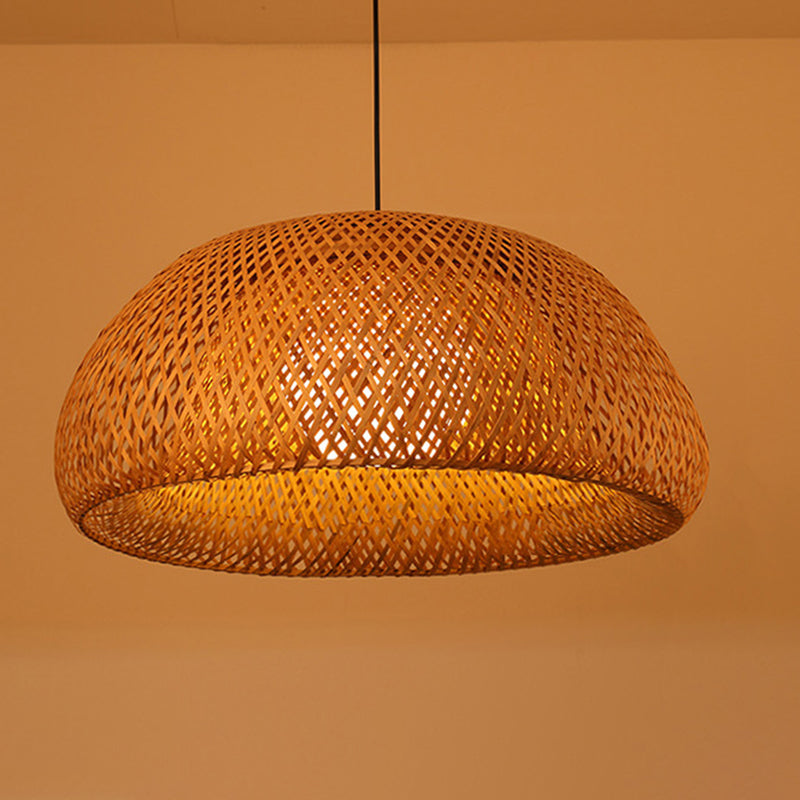 Asian Creative Bowl Pendant Light Wrought Iron Hanging Lamp with Bamboo Weaving Shade