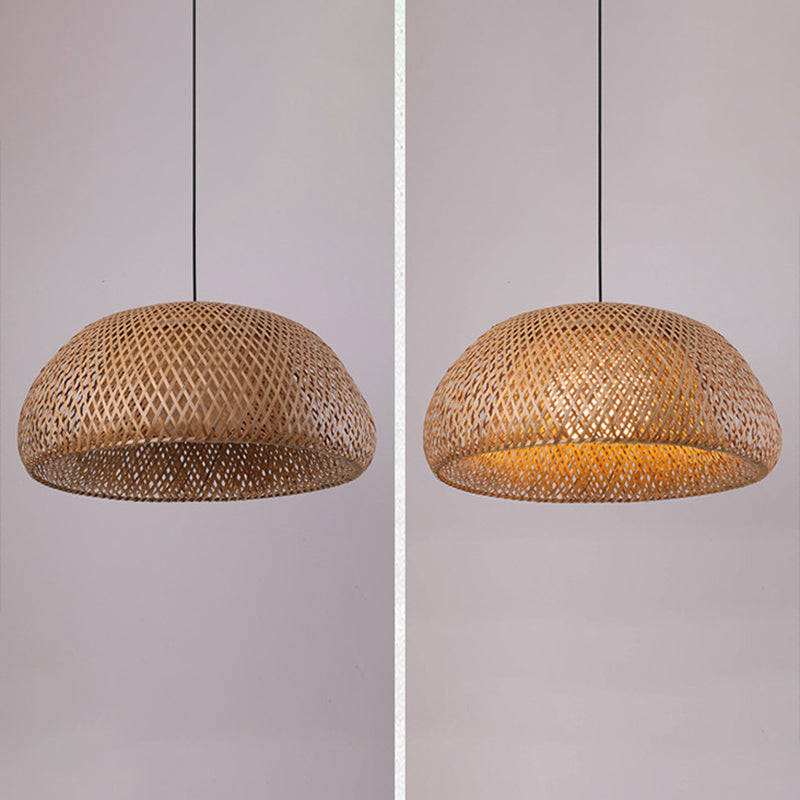 Asian Creative Bowl Pendant Light Wrought Iron Hanging Lamp with Bamboo Weaving Shade