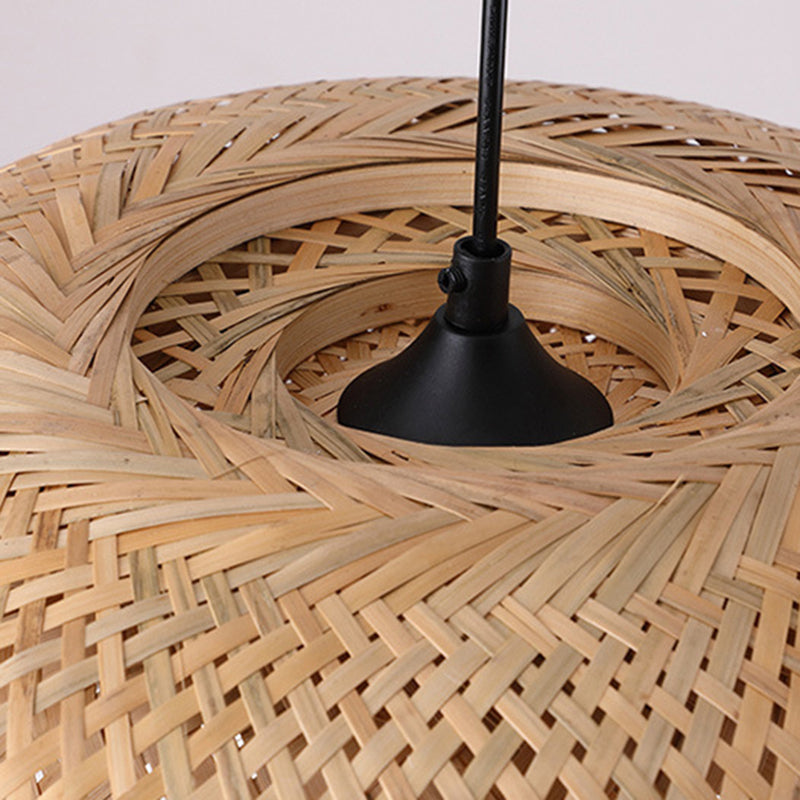 Asian Creative Bowl Pendant Light Wrought Iron Hanging Lamp with Bamboo Weaving Shade