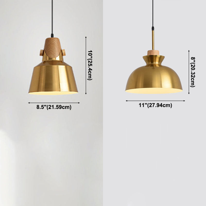 Contemporary Pendant Lights, Brass Metal 1-Light Pendant Light Fixture with Wood Top