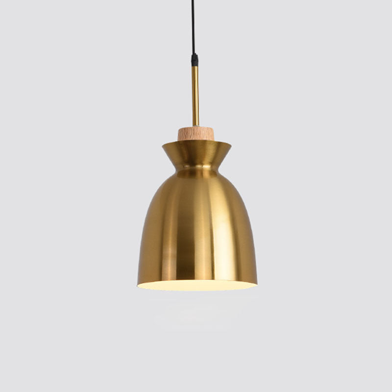 Contemporary Pendant Lights, Brass Metal 1-Light Pendant Light Fixture with Wood Top