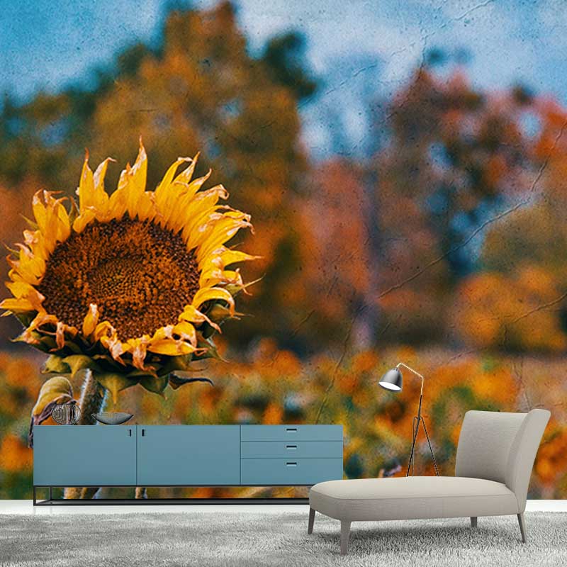 Yellow Flower Mural Wallpaper for Girl's Bedroom Washable Wall Covering