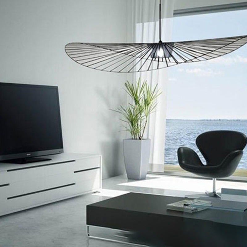 Contemporary Pendant Lights with Cage Shade, Industrail Metal 1-Light Straw Hat Pendant Light