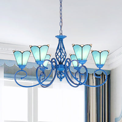 Gebrandschilderd glazen kegelhangend plafondlicht met blauw gebogen arm Tiffany 6 lichten die kroonluchter hangen in wit/blauw
