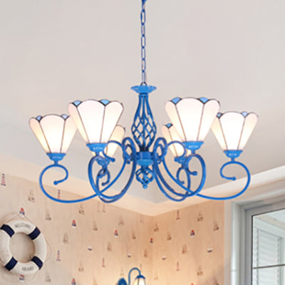 Gebrandschilderd glazen kegelhangend plafondlicht met blauw gebogen arm Tiffany 6 lichten die kroonluchter hangen in wit/blauw