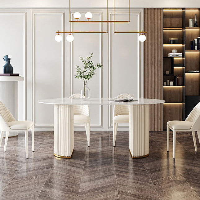 Oval Double Pedestal Modern Dining Table White Fixed Table with Sintered Stone