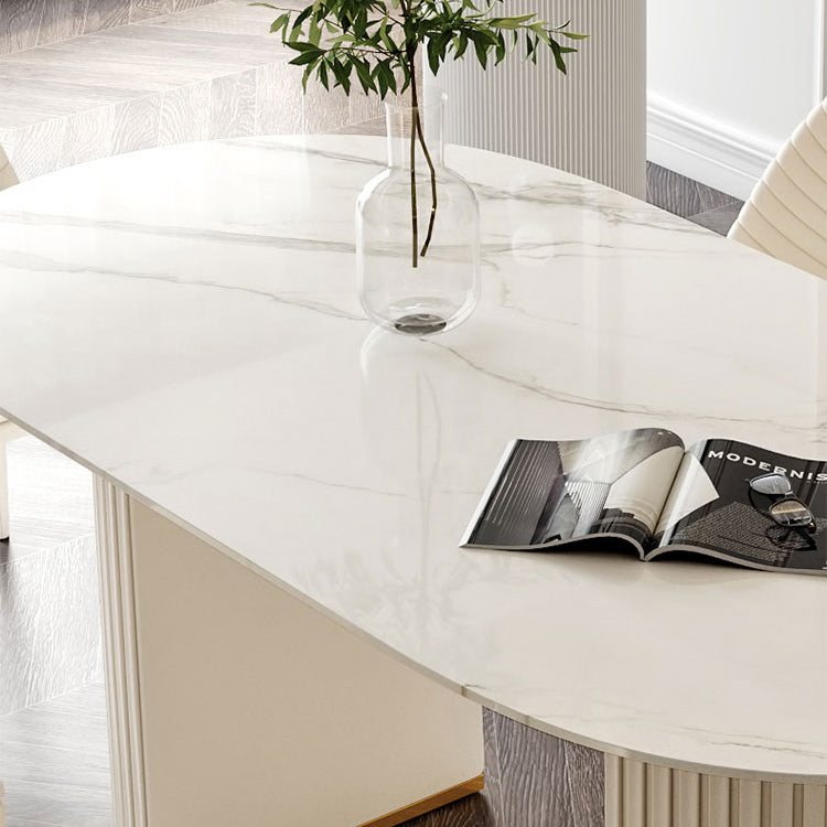 Oval Double Pedestal Modern Dining Table White Fixed Table with Sintered Stone
