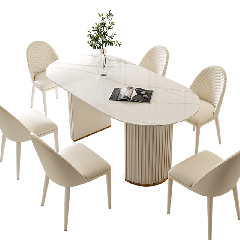 Oval Double Pedestal Modern Dining Table White Fixed Table with Sintered Stone