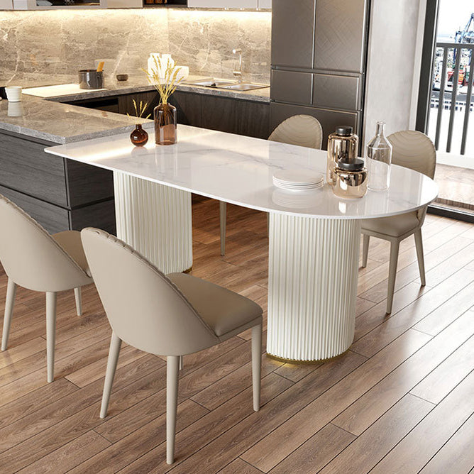 Sintered Stone White Dining Table Simplicity Double Pedestal Table for Dining Room