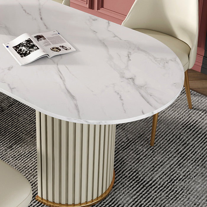 Modern Sintered Stone Oval Table Dining Table with White/Orange Double Pedestal
