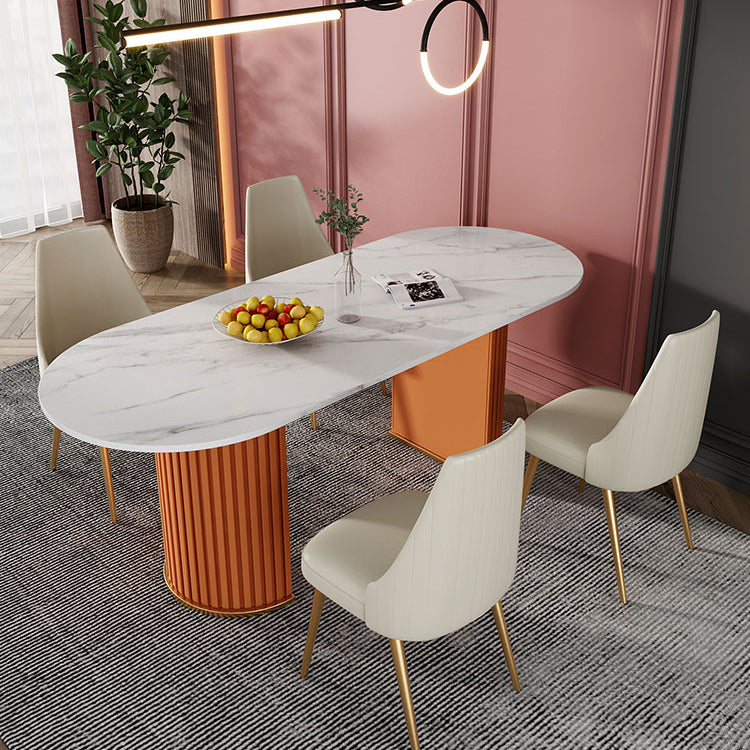 Modern Sintered Stone Oval Table Dining Table with White/Orange Double Pedestal