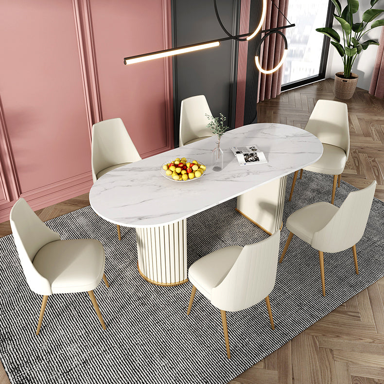 Modern Sintered Stone Oval Table Dining Table with White/Orange Double Pedestal