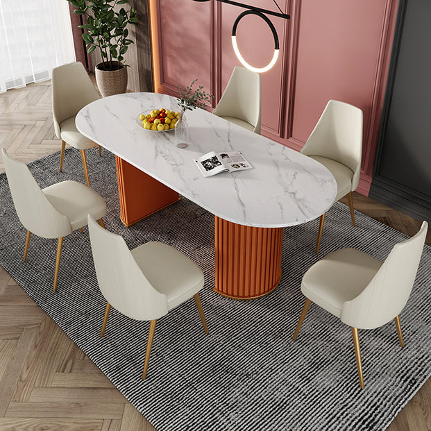 Modern Sintered Stone Oval Table Dining Table with White/Orange Double Pedestal