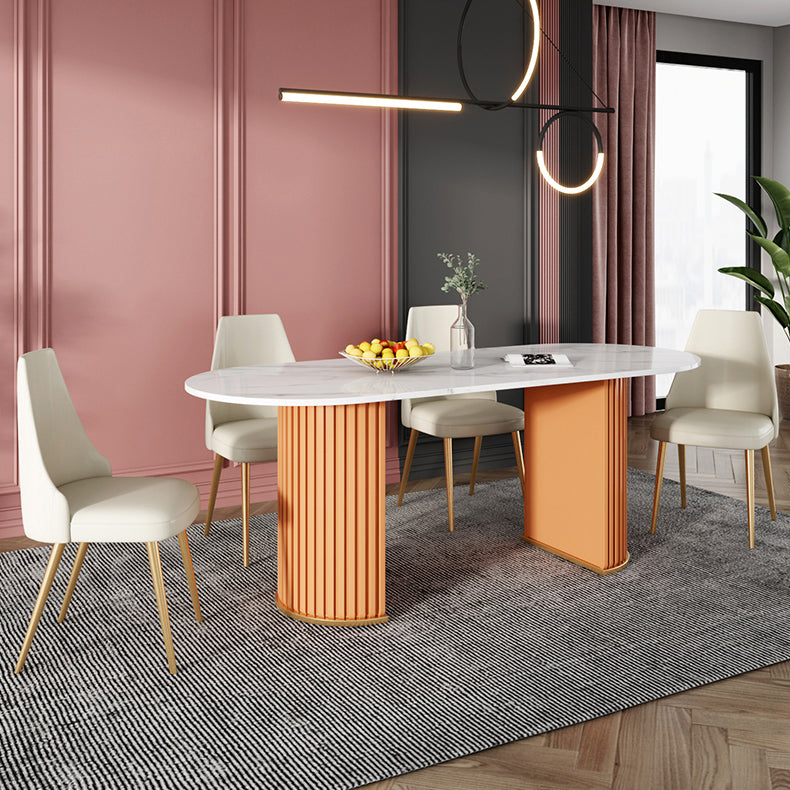 Modern Sintered Stone Oval Table Dining Table with White/Orange Double Pedestal