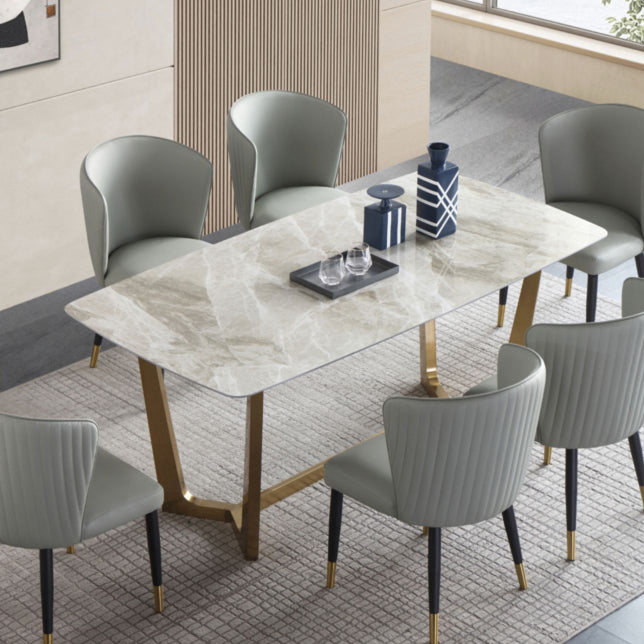 Mesa de comedor rectangular moderno de metal Mesa de piedra sinterizada para el comedor