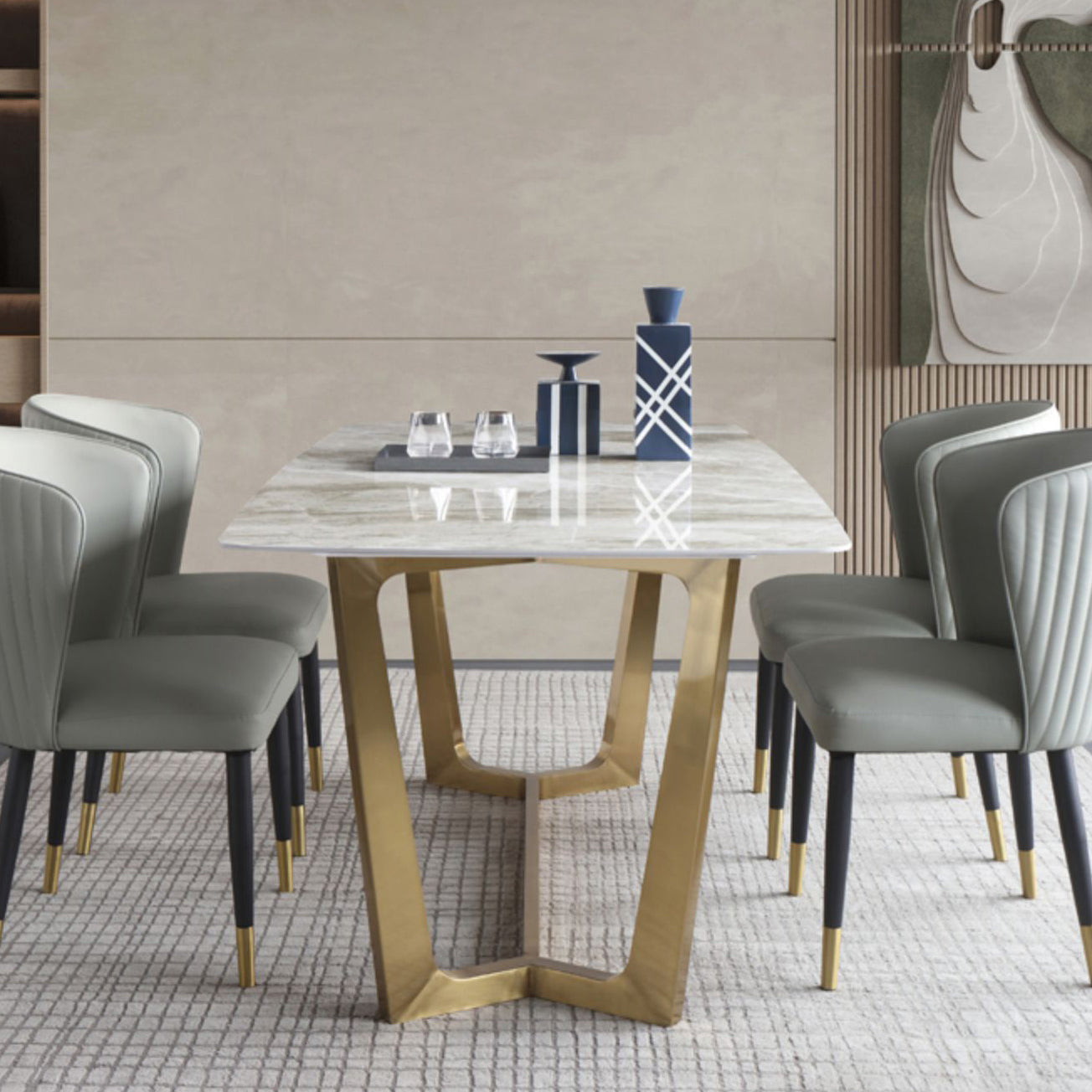 Mesa de comedor rectangular moderno de metal Mesa de piedra sinterizada para el comedor