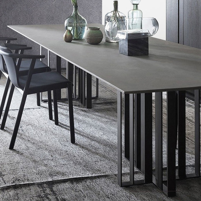 Sintered Stone Modern Dining Table Gray Rectangle Table with Double Pedestal for Home