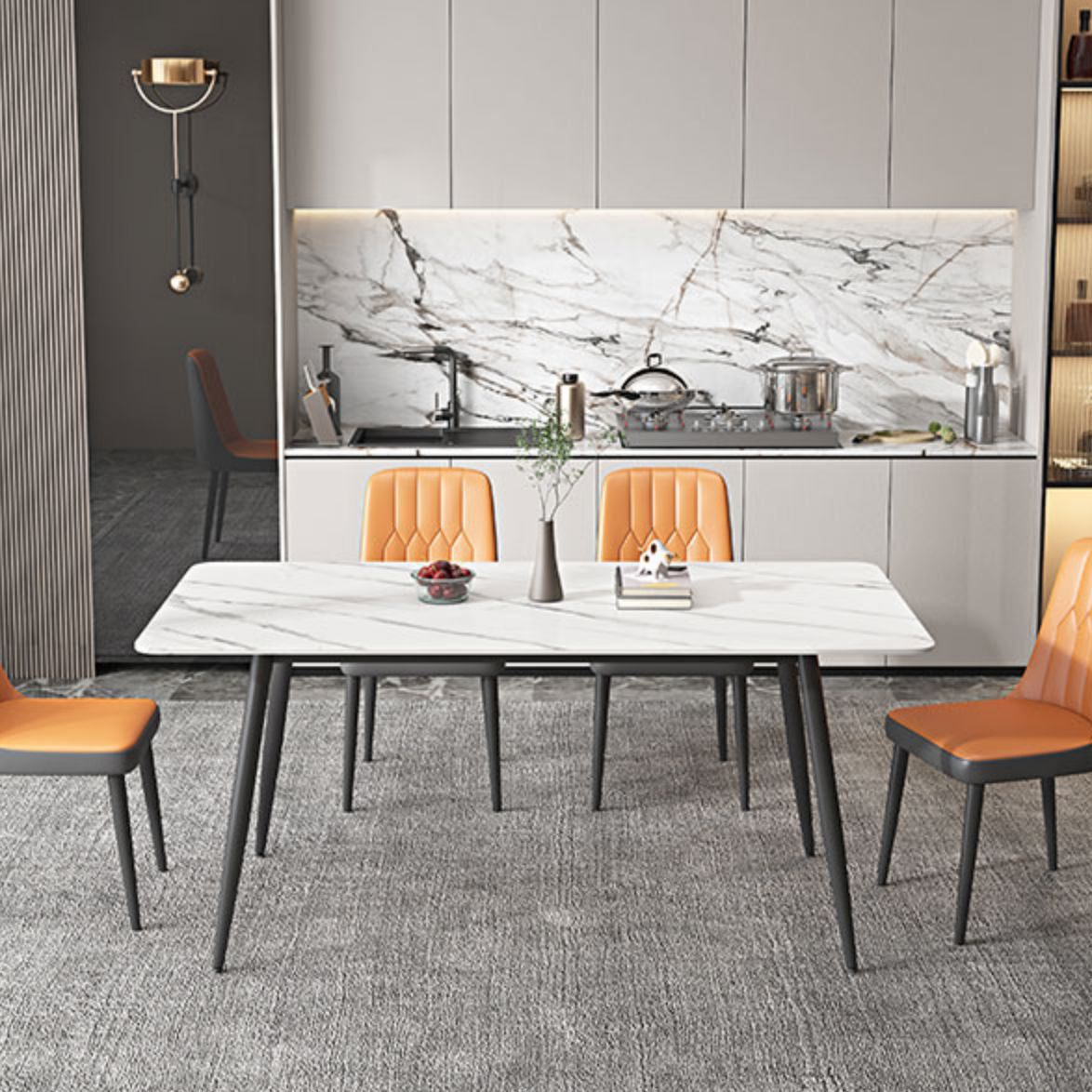 Metal Simplicity Rectangle Dining Table Stone Dinner Table with 4 Legs