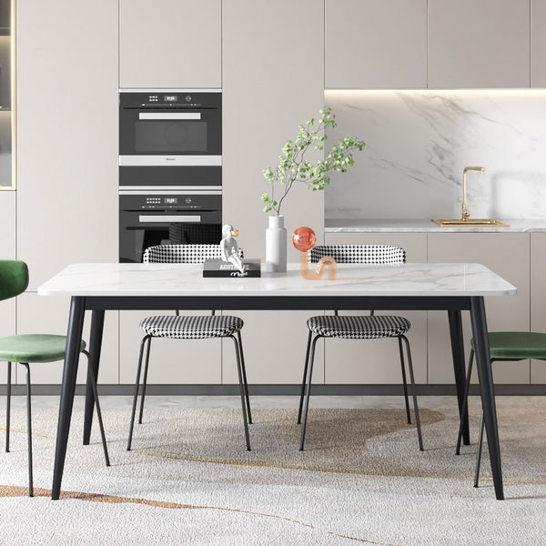 Table à manger standard blanc contemporain Table à manger rectangle en pierre fritrée avec base de 4 jambes