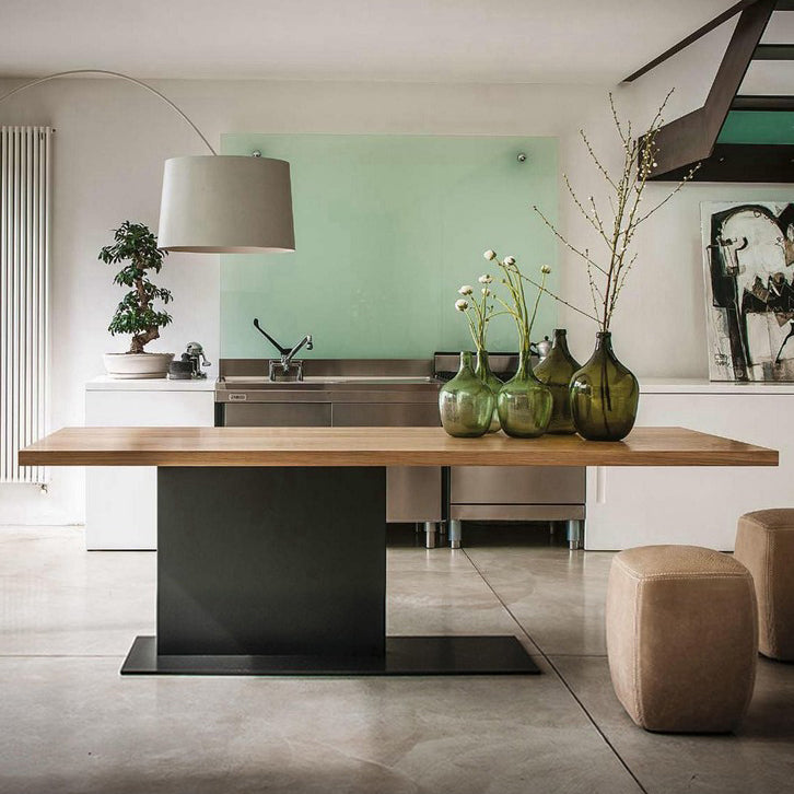 Solid Wood Rectangle Dining Table Modern Kitchen Wood Table with Metal Pedestal
