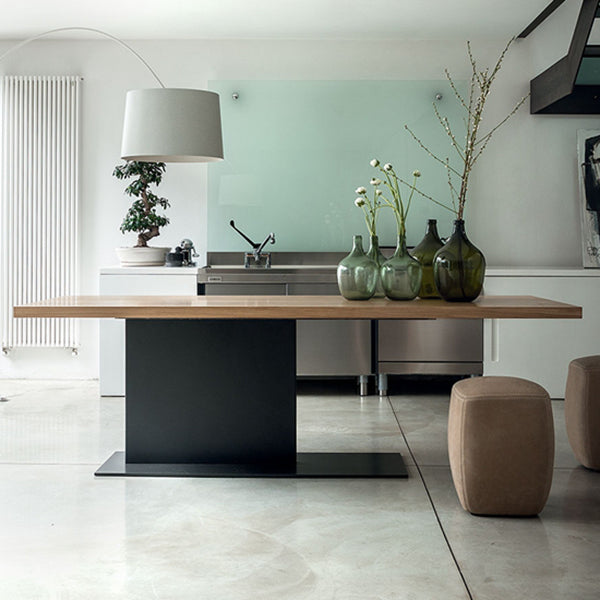 Solid Wood Rectangle Dining Table Modern Kitchen Wood Table with Metal Pedestal
