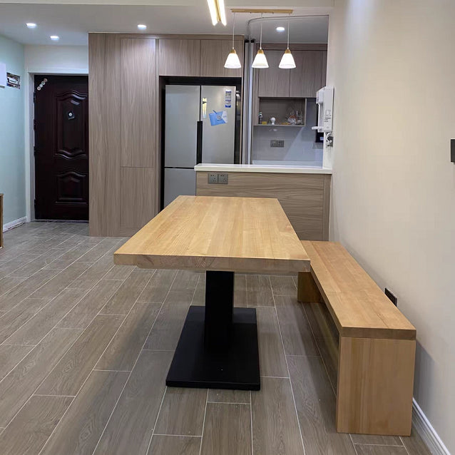 Solid Wood Rectangle Dining Table Modern Kitchen Wood Table with Metal Pedestal