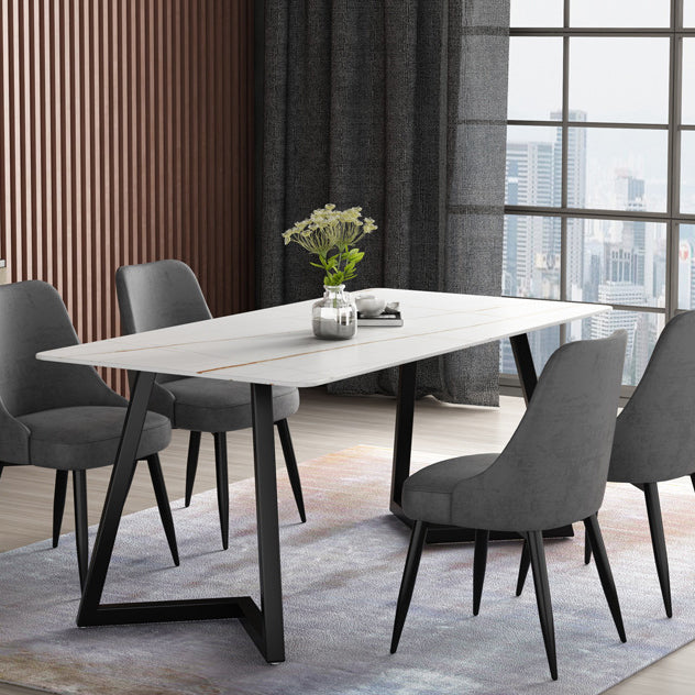 Mesa de comedor de simplicidad Mesa de piedra sinterizada rectangular con base metálica