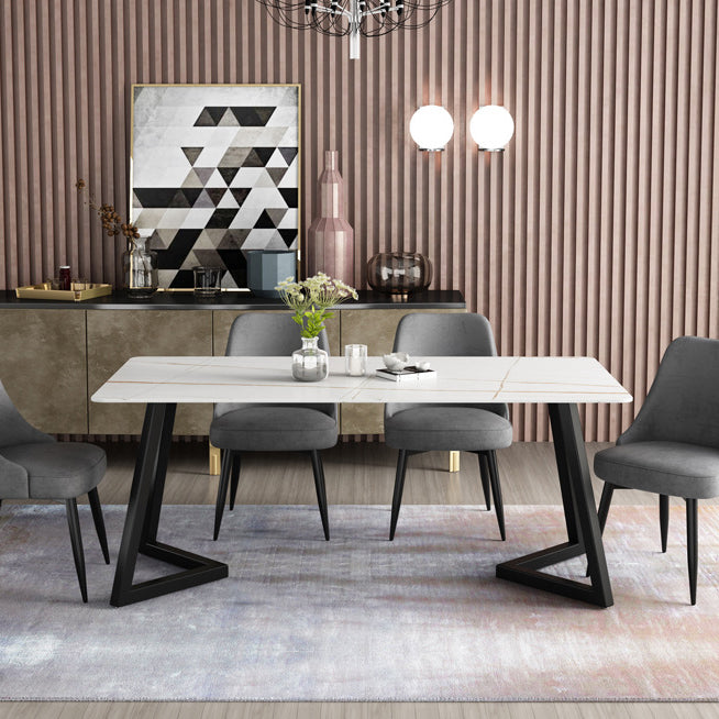 Mesa de comedor de simplicidad Mesa de piedra sinterizada rectangular con base metálica