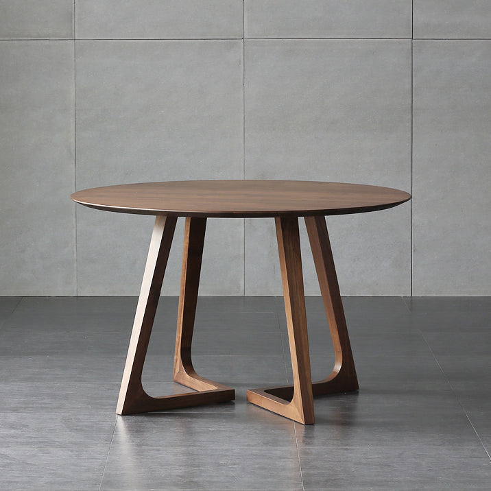 Round Pedestal Casual Dining Table Brown Tone Fixed Table with Pinewood Solid Wood