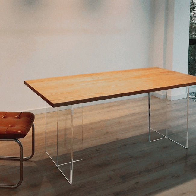 Modern Pine Solid Wood Table Rectangle Dining Table with Acrylic Double Pedestal Base