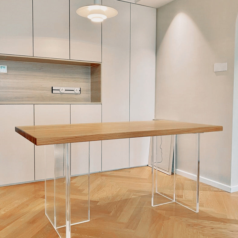 Modern Pine Solid Wood Table Rectangle Dining Table with Acrylic Double Pedestal Base